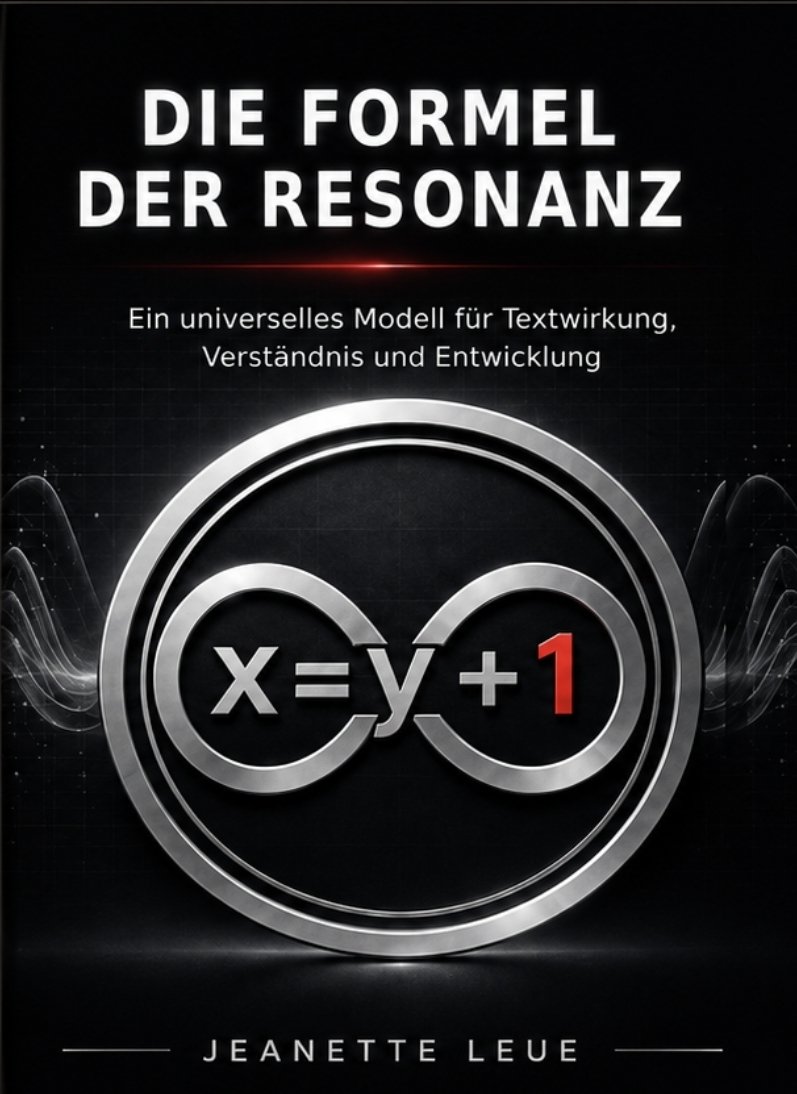 Buchcover: Die Formel der Resonanz von Jeanette Leue – ein silberner Unendlichkeitsring mit der Formel x = y + 1 auf schwarzem Grund
